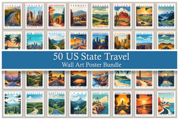 Download 50 US State Travel Wall Art Poster Set - Art Collection