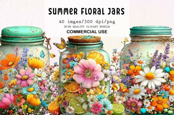 Download Whimsical Summer Floral Jars Clipart - Art Collection